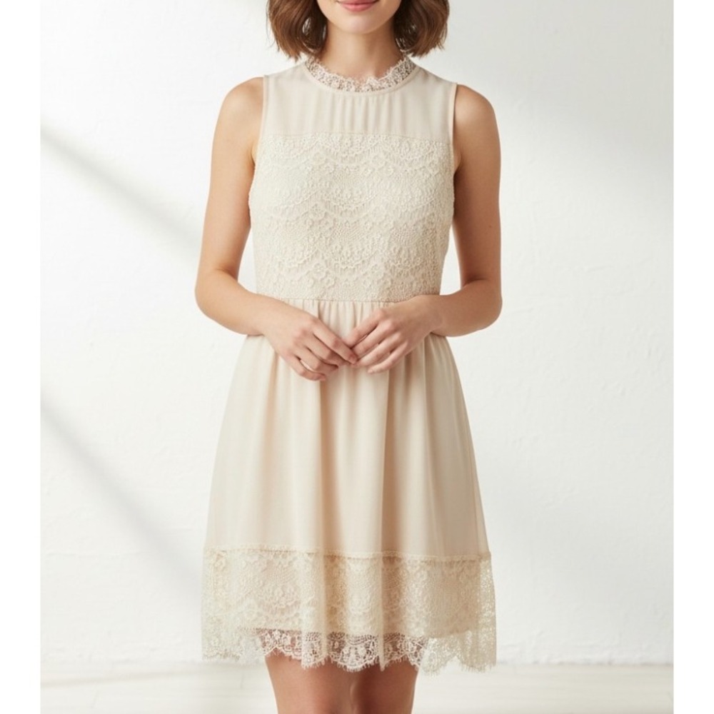ALTAR'D STATE Cute Lined CHIFFON/LACE Trim SHEATH PARTY DRESS Zip Back Ivory M